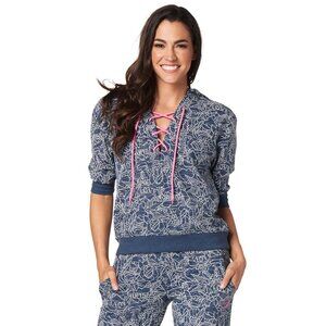 Zumba Love Love Lace Hoodie NWT Sz 2XL Blue White Floral Print Lace Up T…